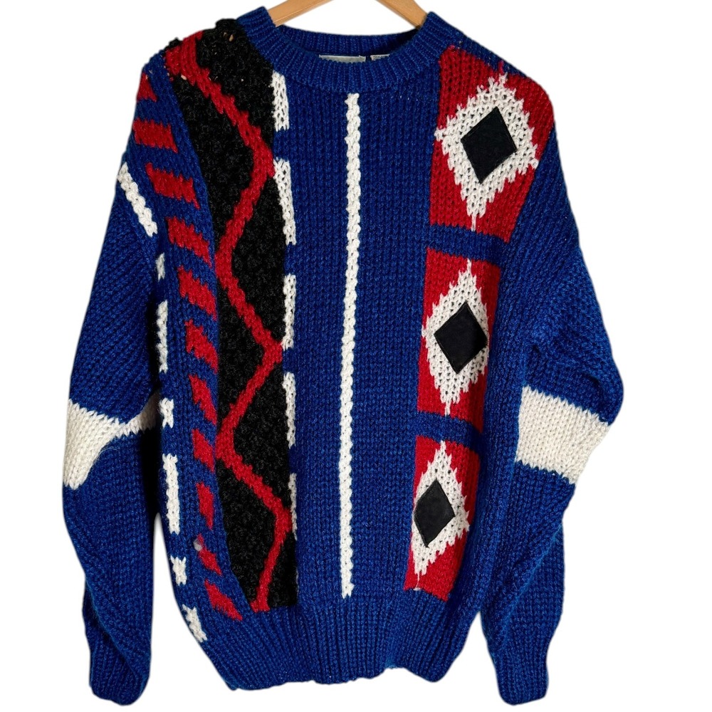 Vintage 80's Pierre Cardin Men's Chunky Knit Geometric Leather Patch Sweater M